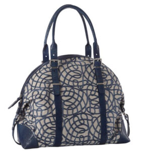 Borsa in lino ricamato e pelle blu stampata