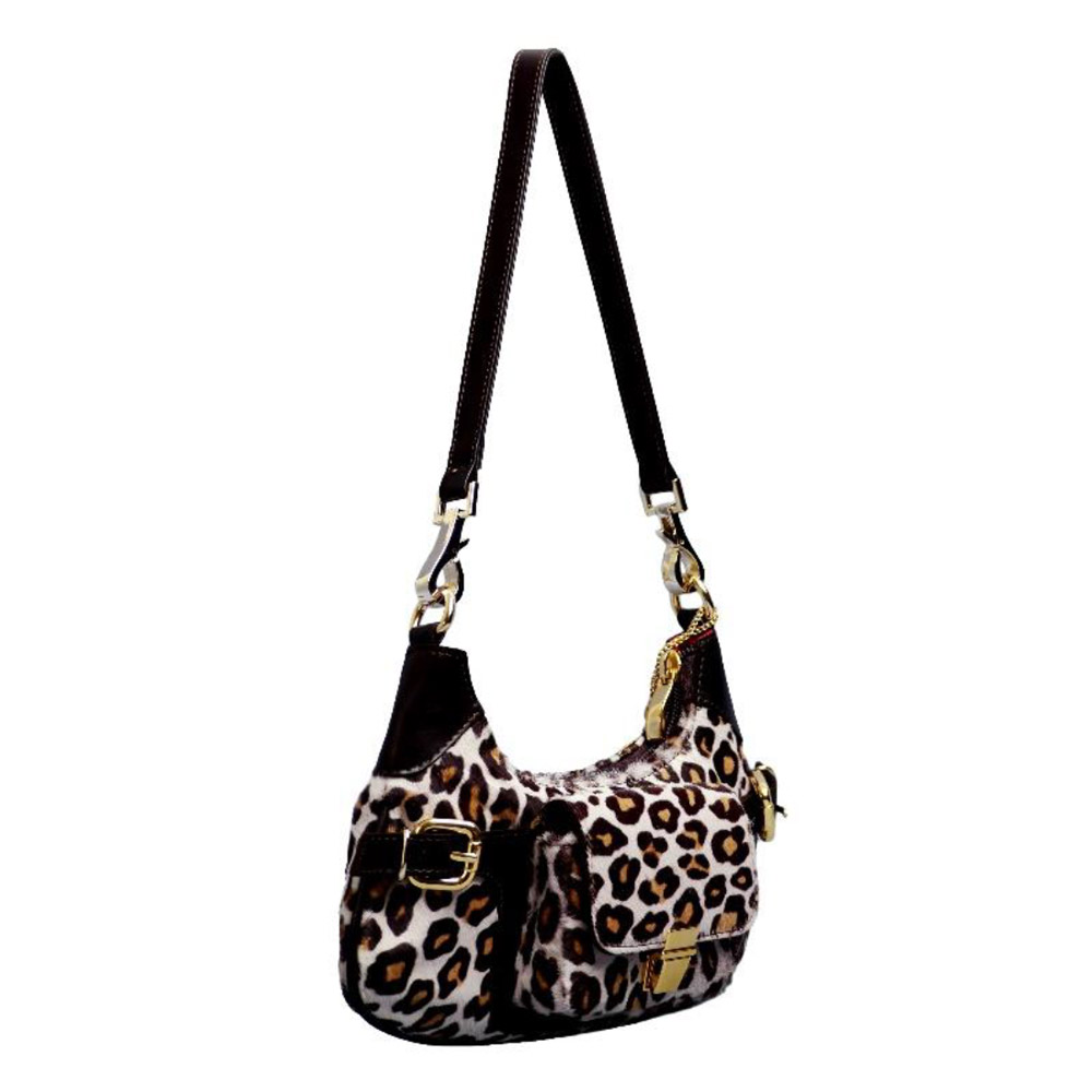 Borsa marrone bianca e gialla in pelle di mucca animalier - immagine 2