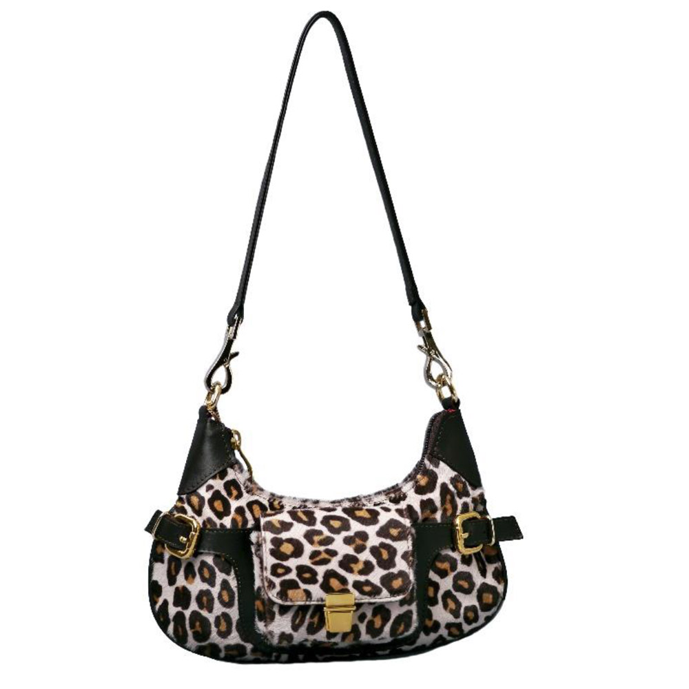 Borsa marrone bianca e gialla in pelle di mucca animalier
