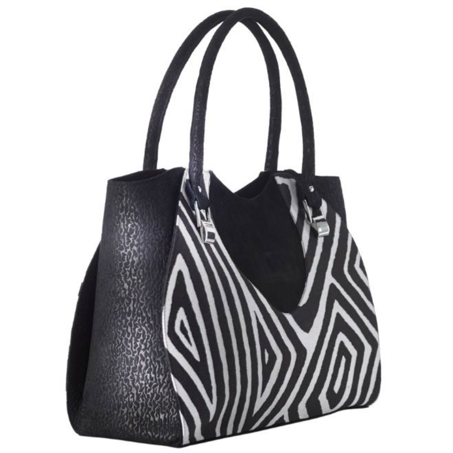 Borsa in seta, cotone e pelle nera - immagine 2