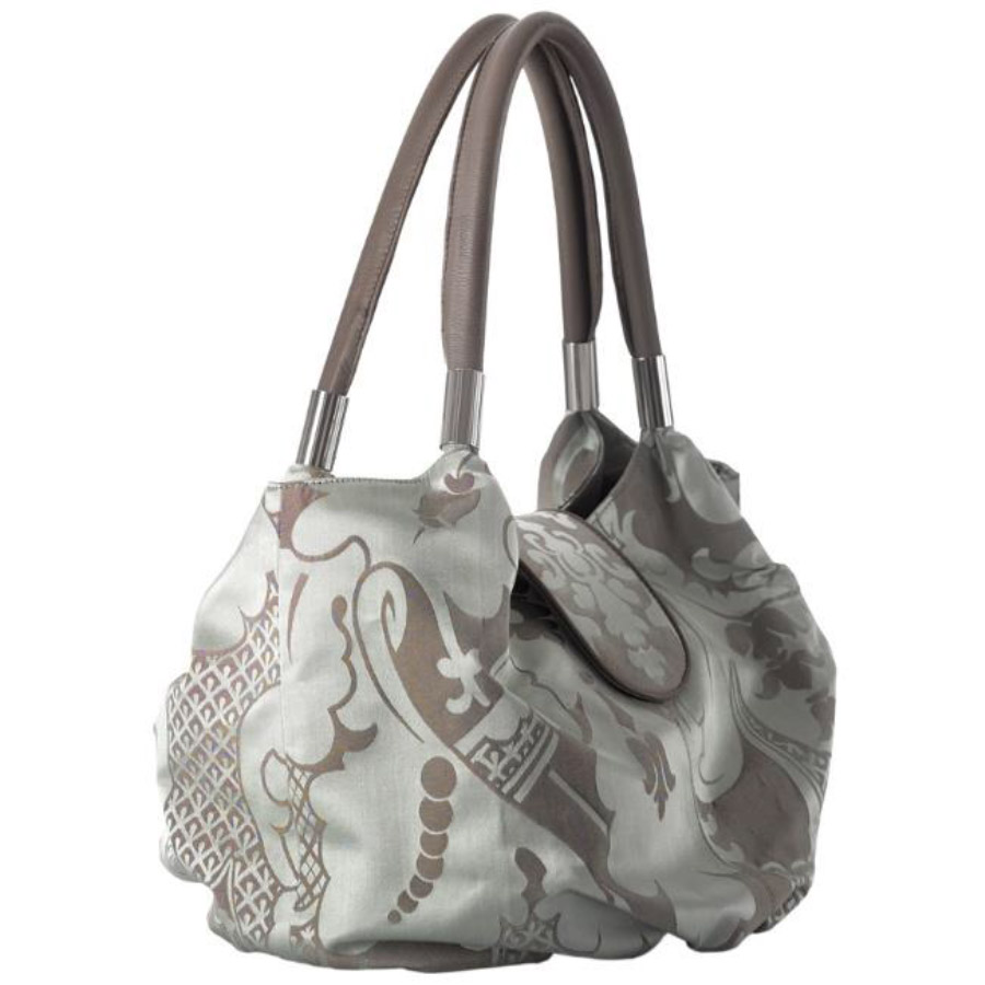 Borsa in seta, cotone e pelle tortora - immagine 2