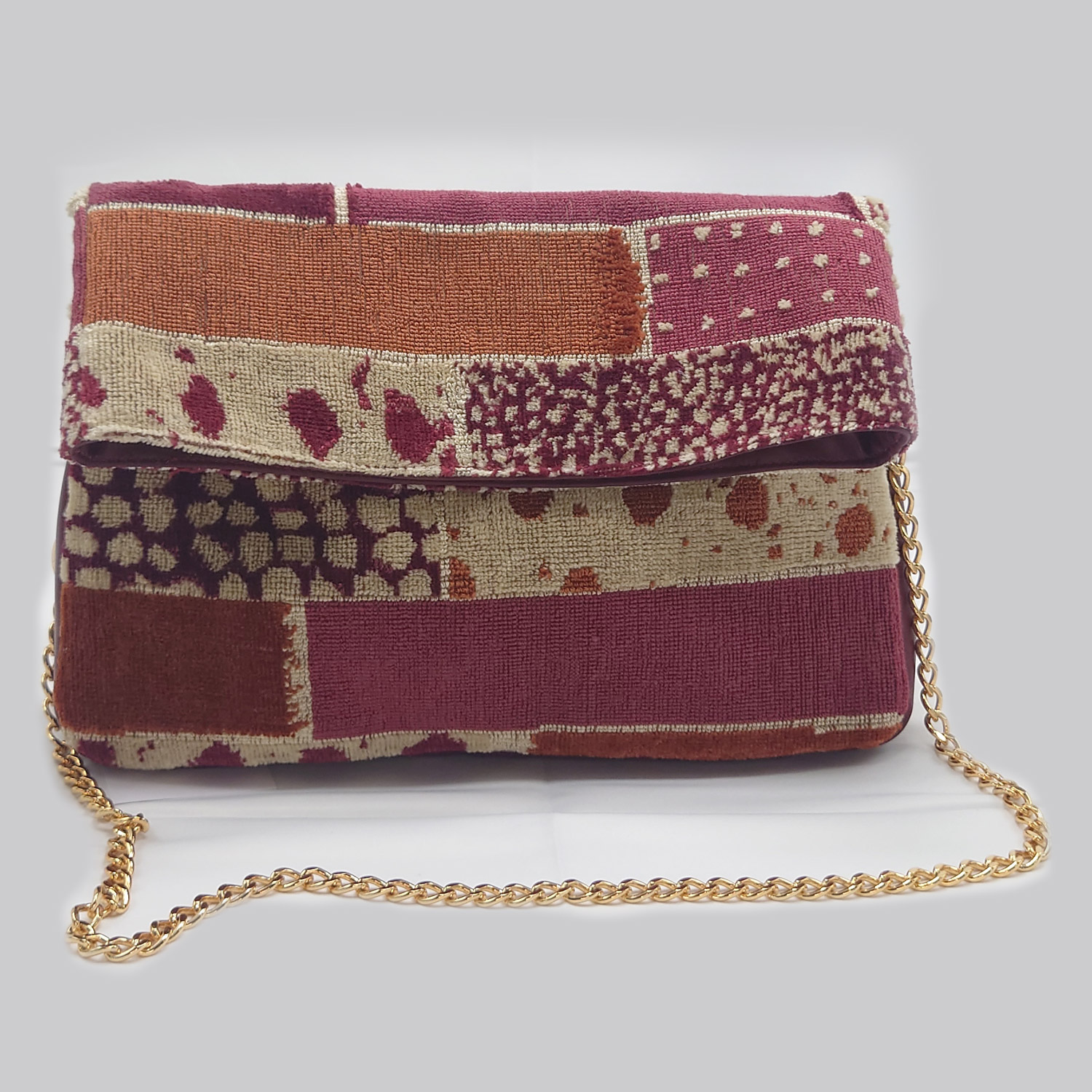 Borsa in velluto ritorto cotone e pelle bordeaux