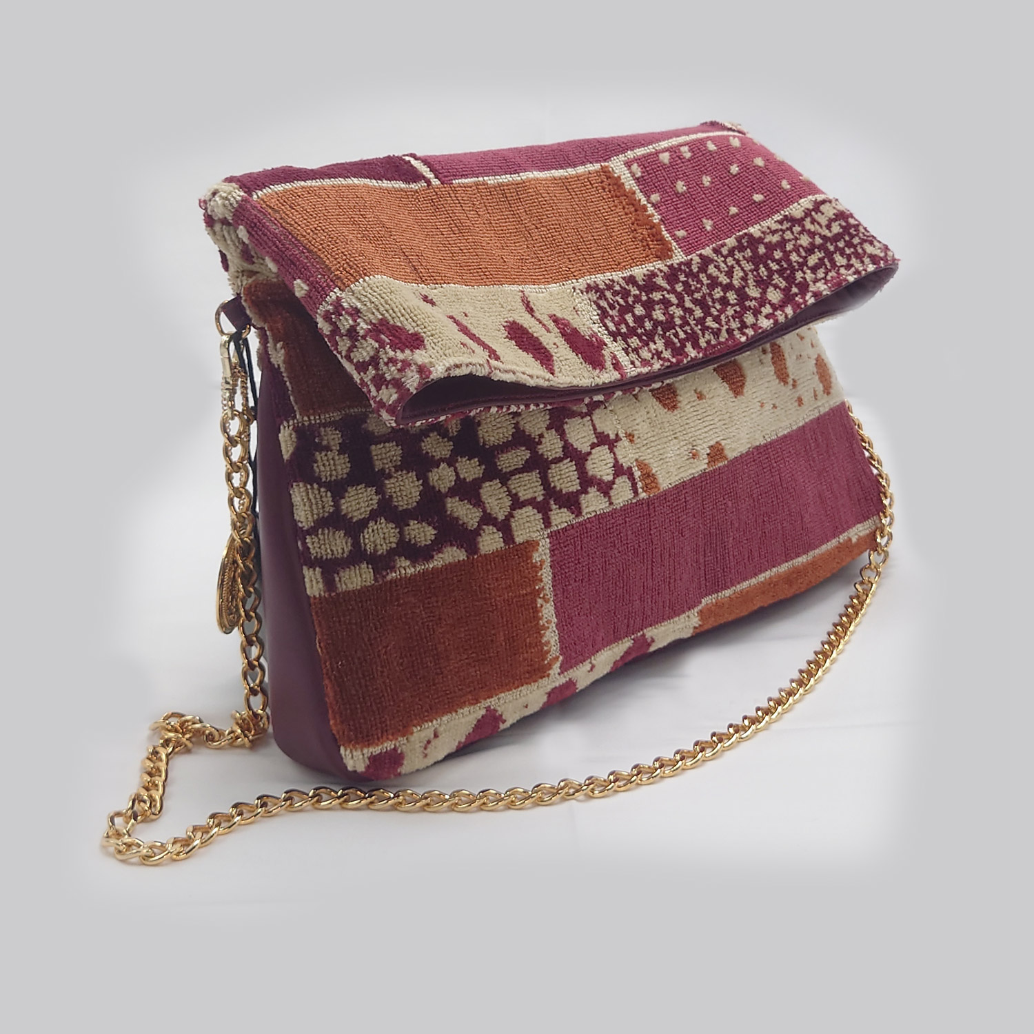 Borsa in velluto ritorto cotone e pelle bordeaux - immagine 2