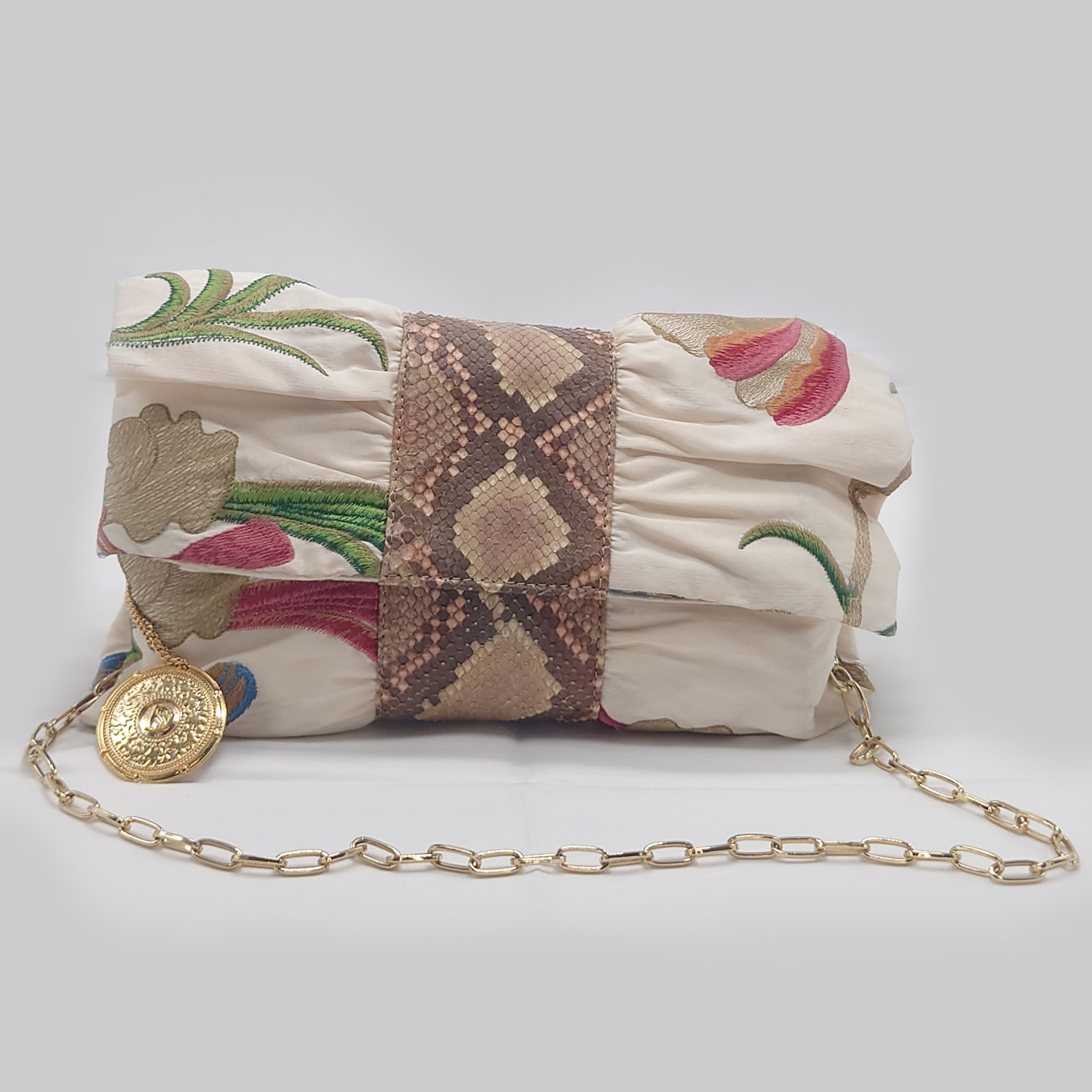 Borsa in cotone, seta e pelle di pitone