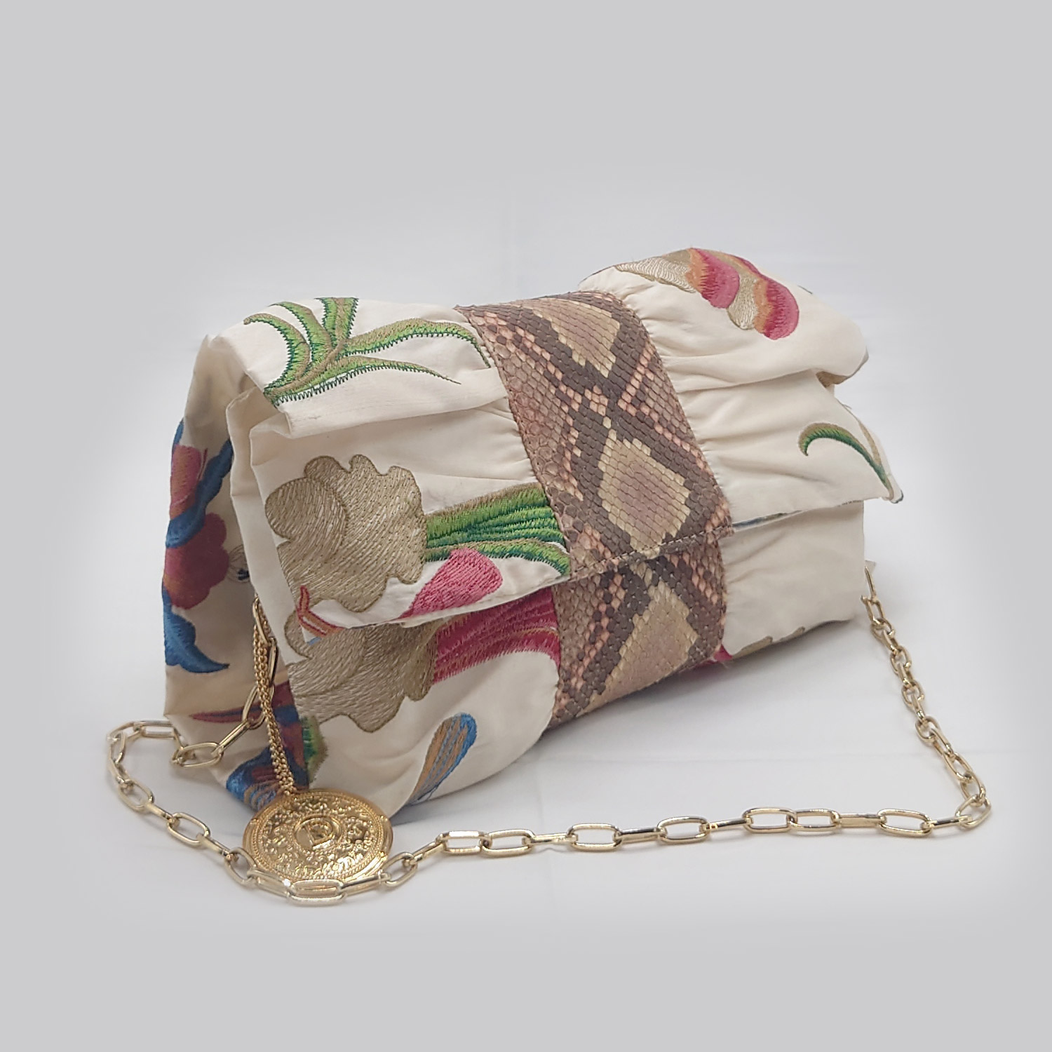 Borsa in cotone, seta e pelle di pitone - immagine 2